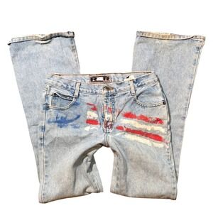 Y2K Vintage Patriotic Grunge Light Wash Painted American Flag Flare Leg Denim